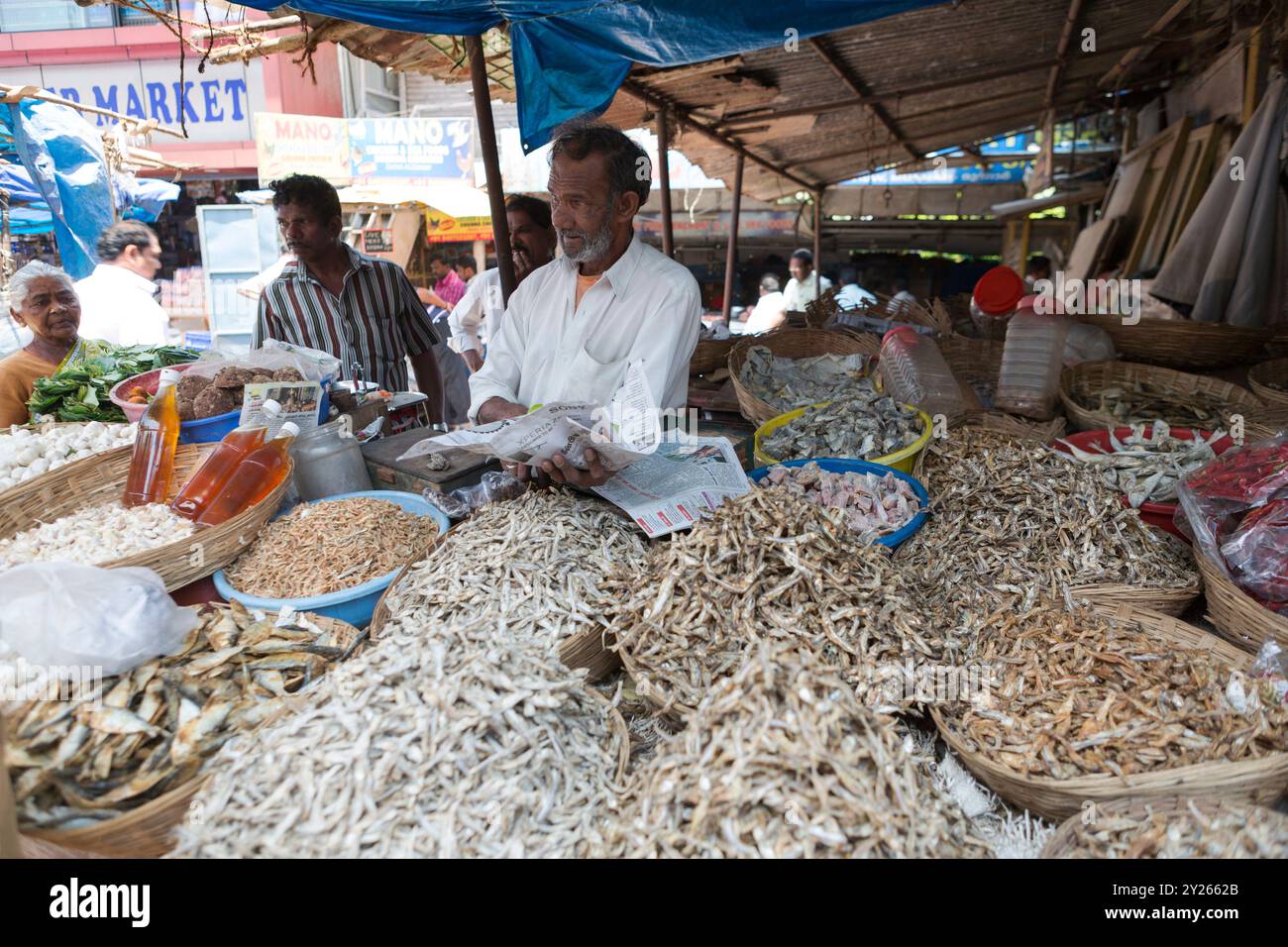 India, Kerala, Munnar, Dried Fish stand in street food market Stock Photo