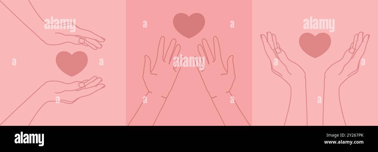 Set of Human hands holding a heart. Love and care emblem. Cupped hands outline. Vector illustration Stock Vector