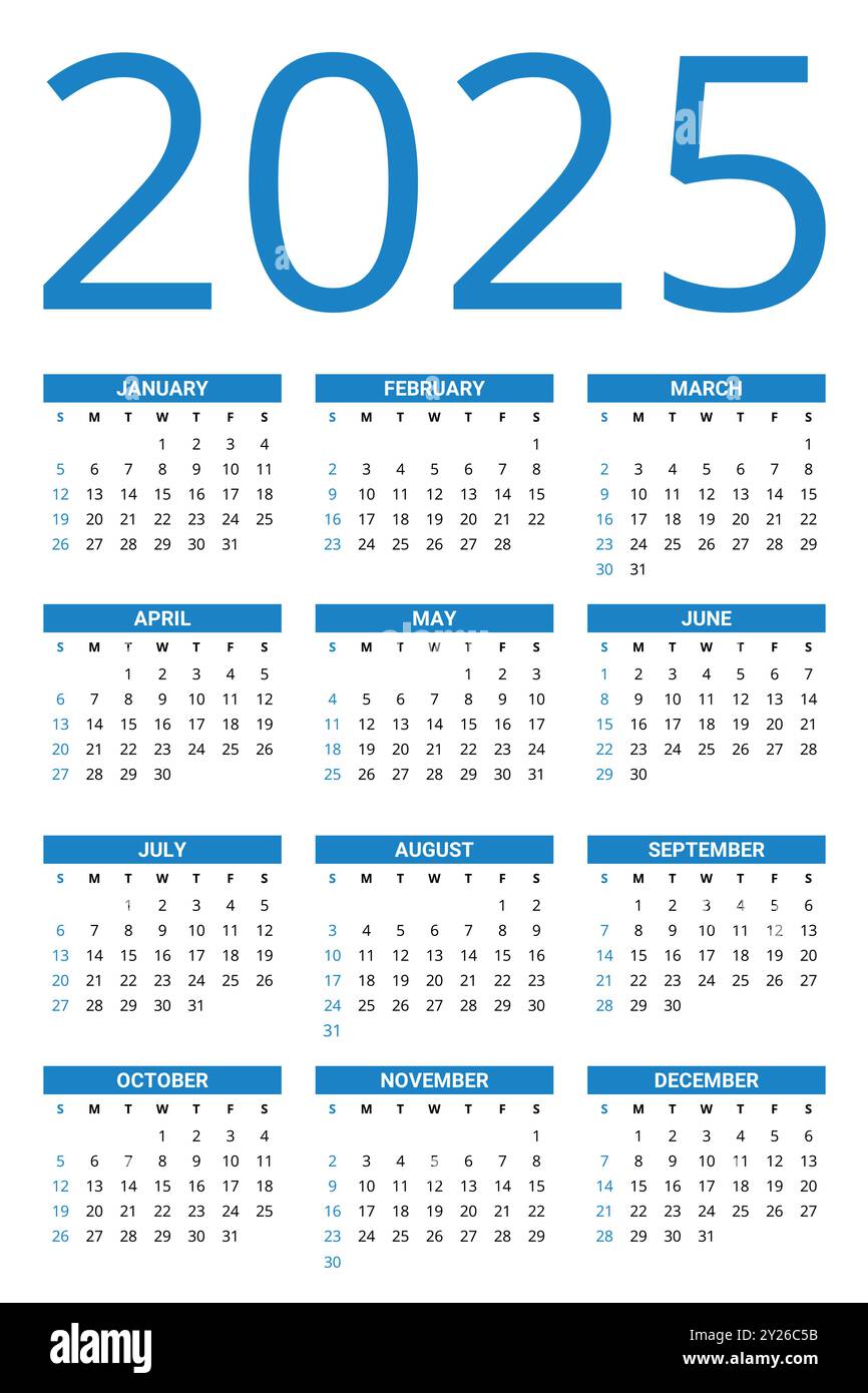 2025 year calendar. English. Vector with 12 months in blue colors Stock Vector Image & Art Alamy