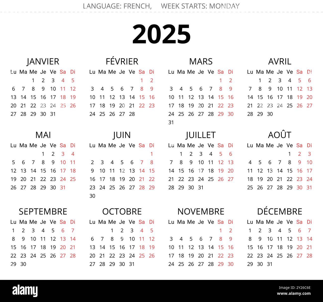 2025 french calendar. Editable simple vector illustration for France