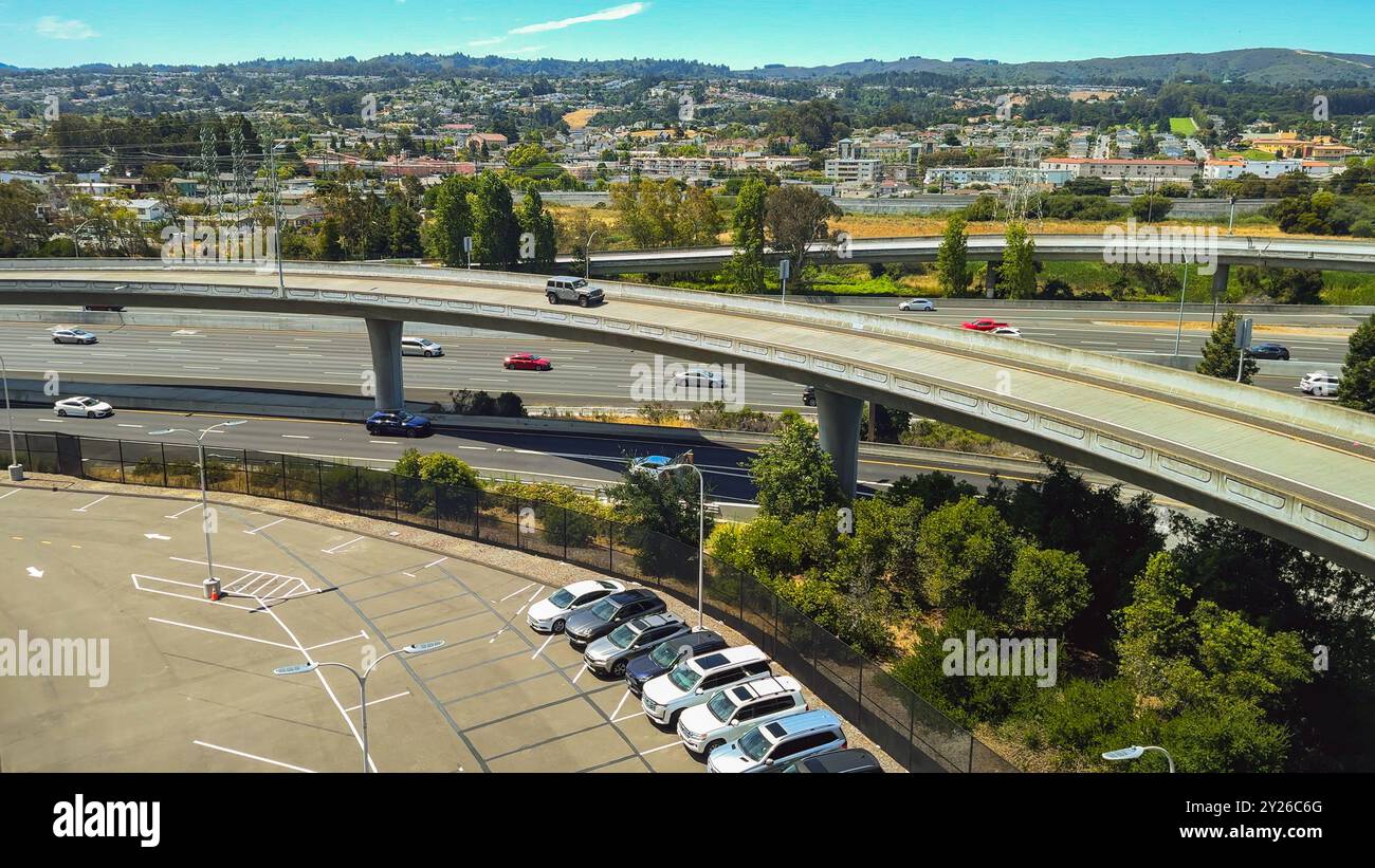 San Francisco, California, USA. August 2, 2024. Elevated highways and parking areas surround San Francisco International Airport. Stock Photo