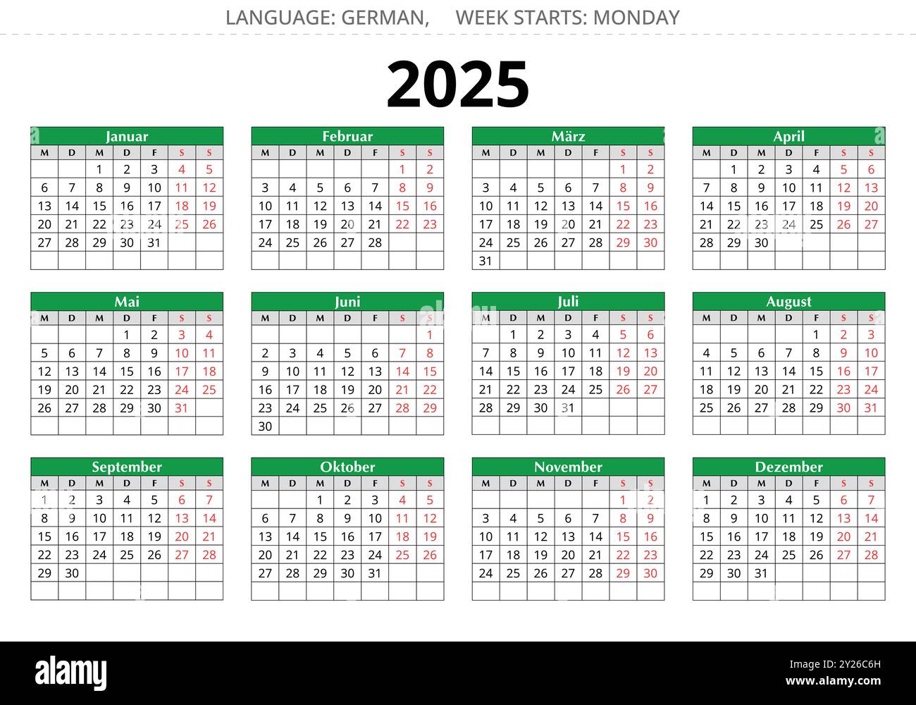2025 year german calendar. Printable vector illustration for Germany in ...