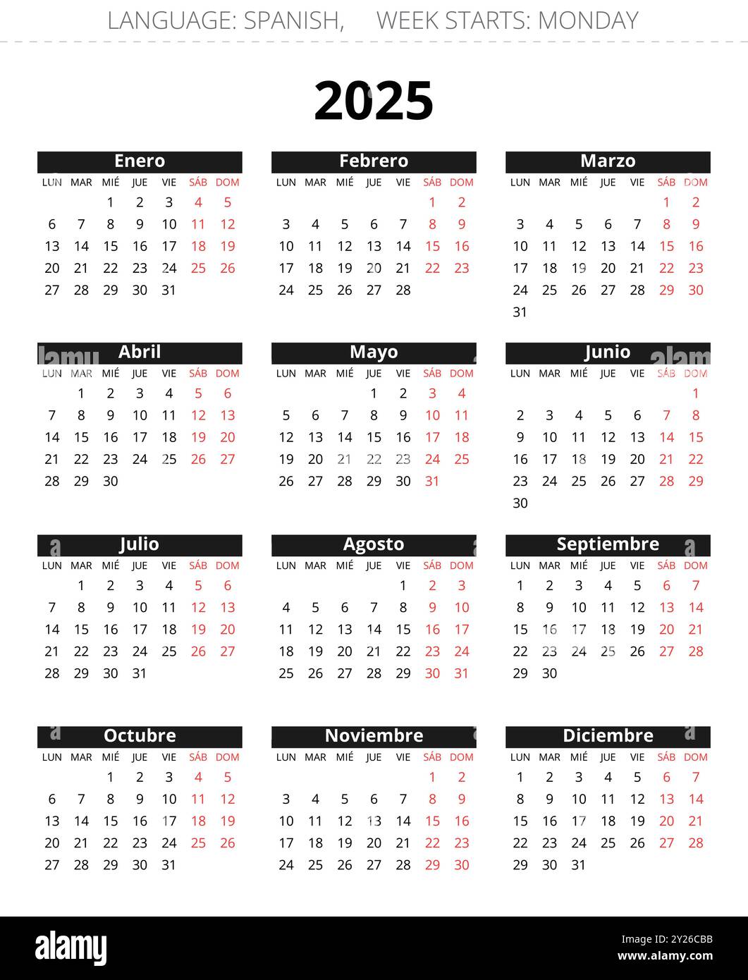 Spanish 2025 year calendar. Printable vector black and red colors illustration for Spain Stock