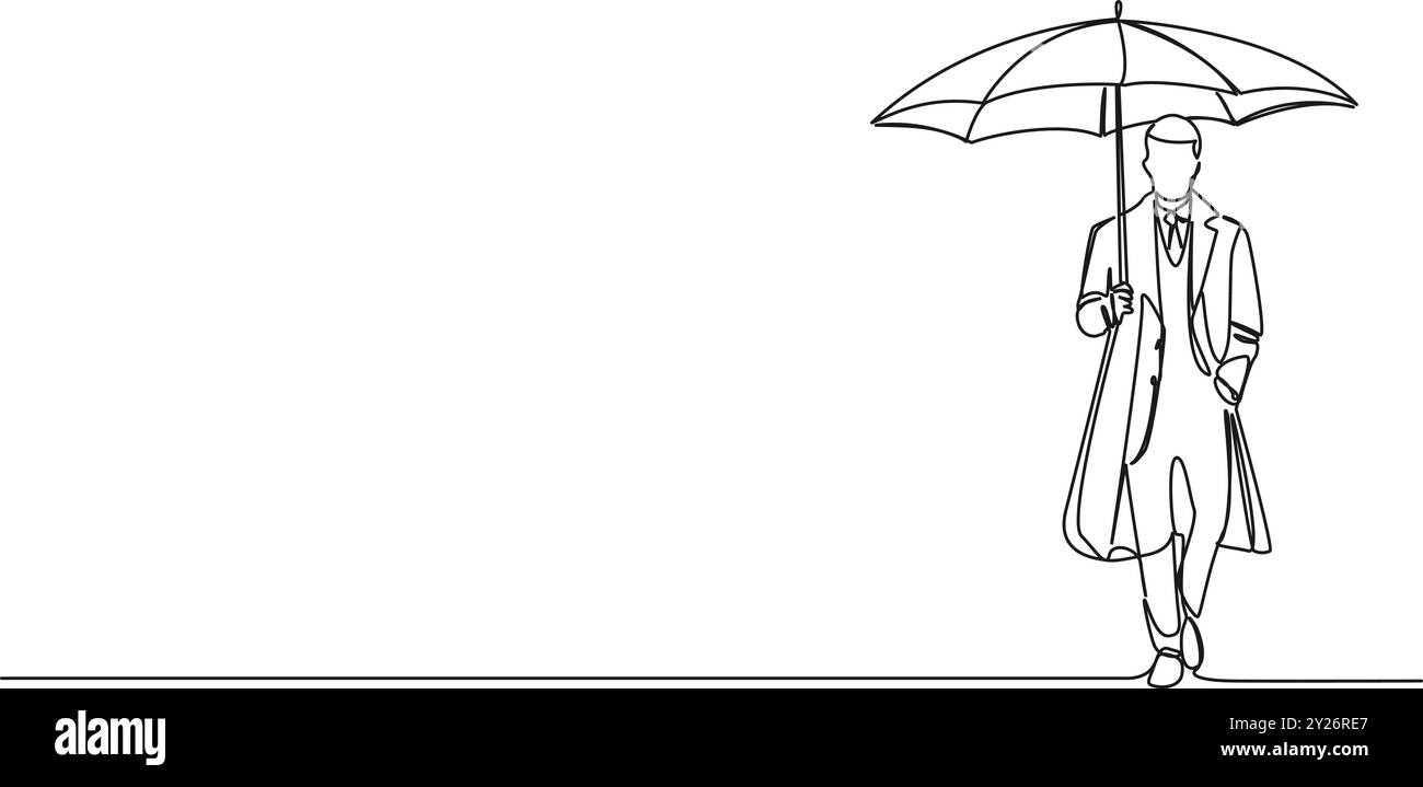 continuous single line drawing of elegant business man with umbrella ...