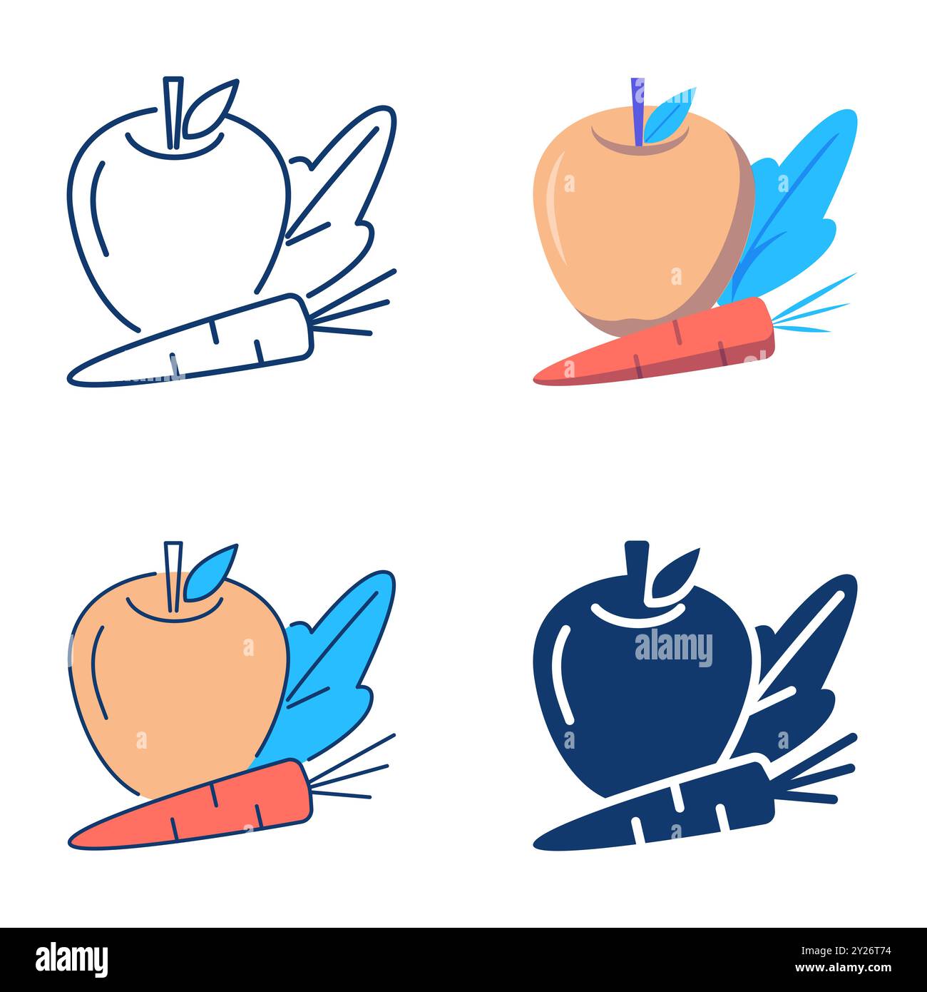 Vegetarian food icon set in flat and line style. Vegetables and fruits ...