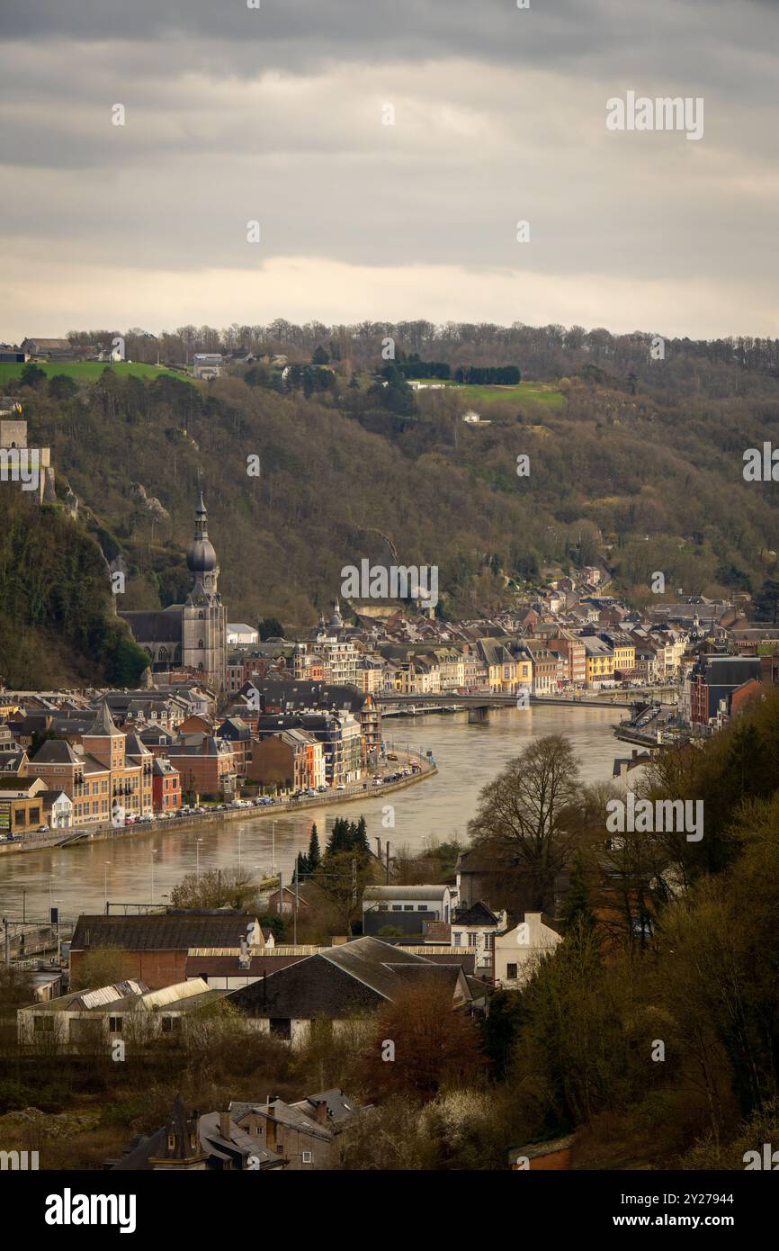 View of picturesque Dinant town, Dinant Citadel and Collegiate Church ...
