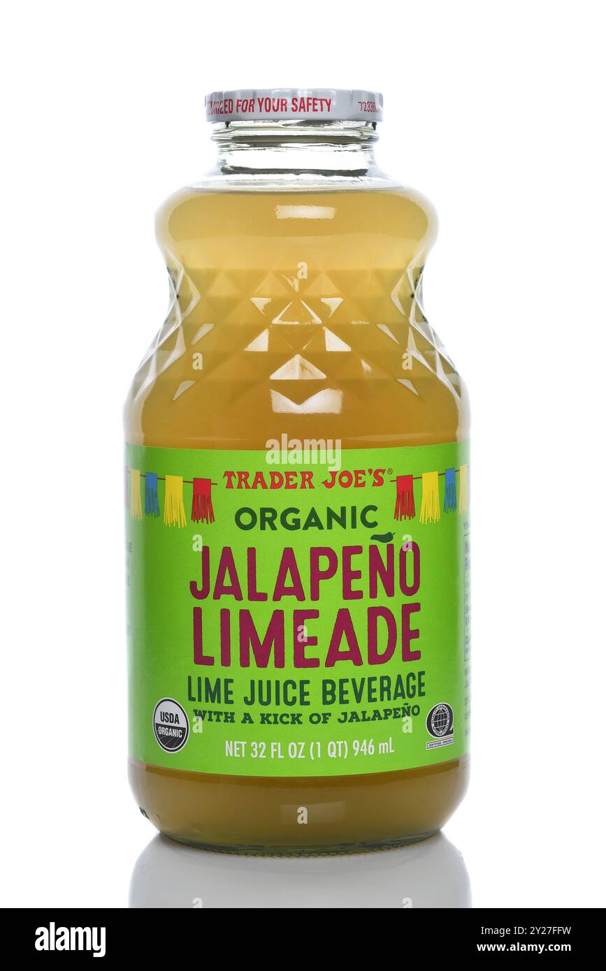 IRVINE, CALIFORNIA - 6 SEPT 2024: A bottle of Trader Joes Organic Jalapeno Limeade. Stock Photo