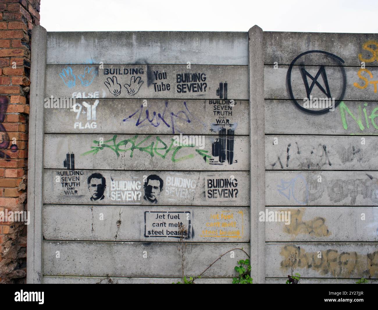 9/11 conspiracy theory graffiti on wall in Wolverhampton Stock Photo ...