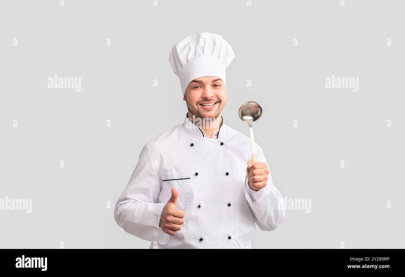 Chef Man Holding Ladle Gesturing Thumbs-Up Standing Over White ...