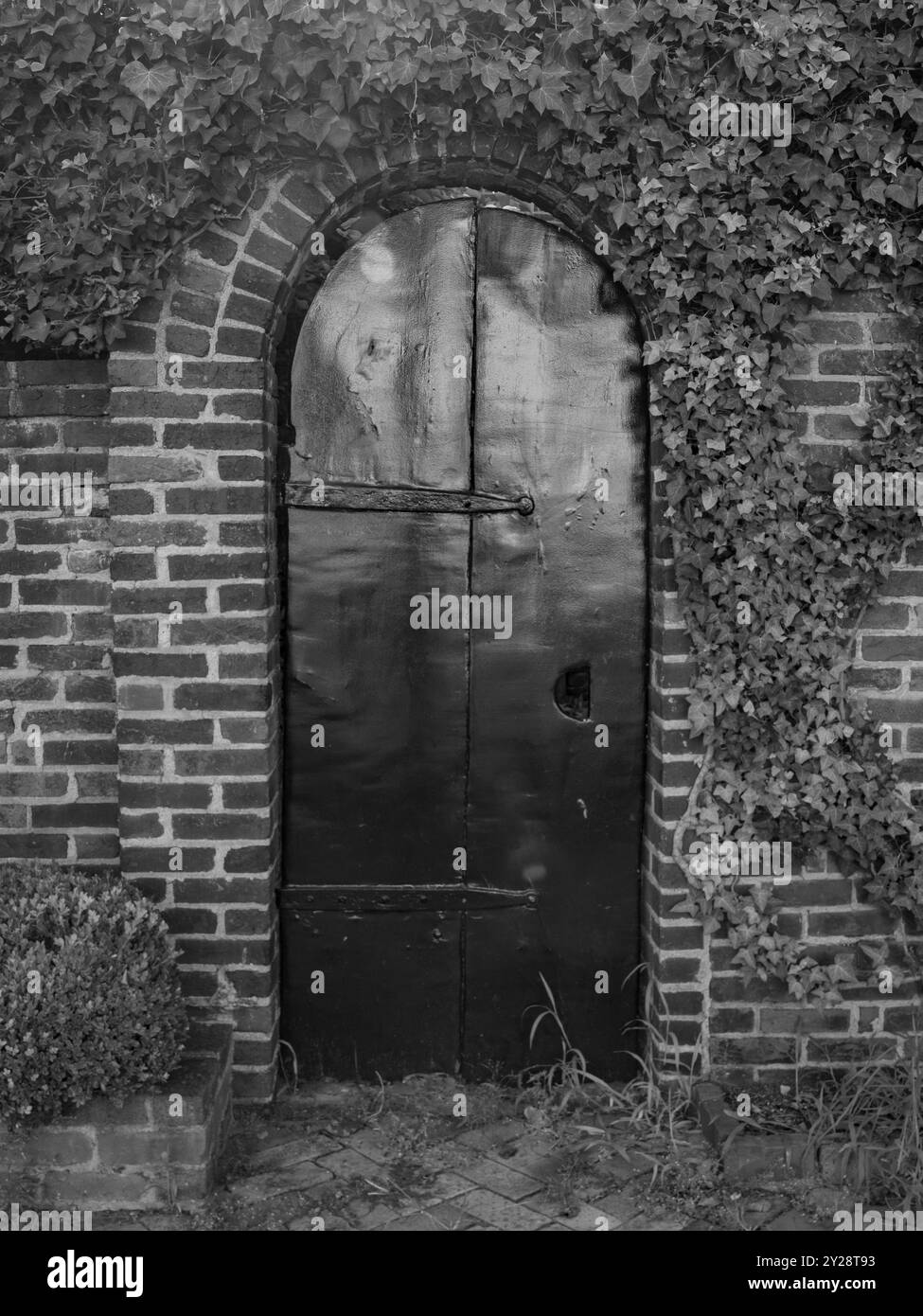Arched wooden garden door Black and White Stock Photos & Images - Alamy