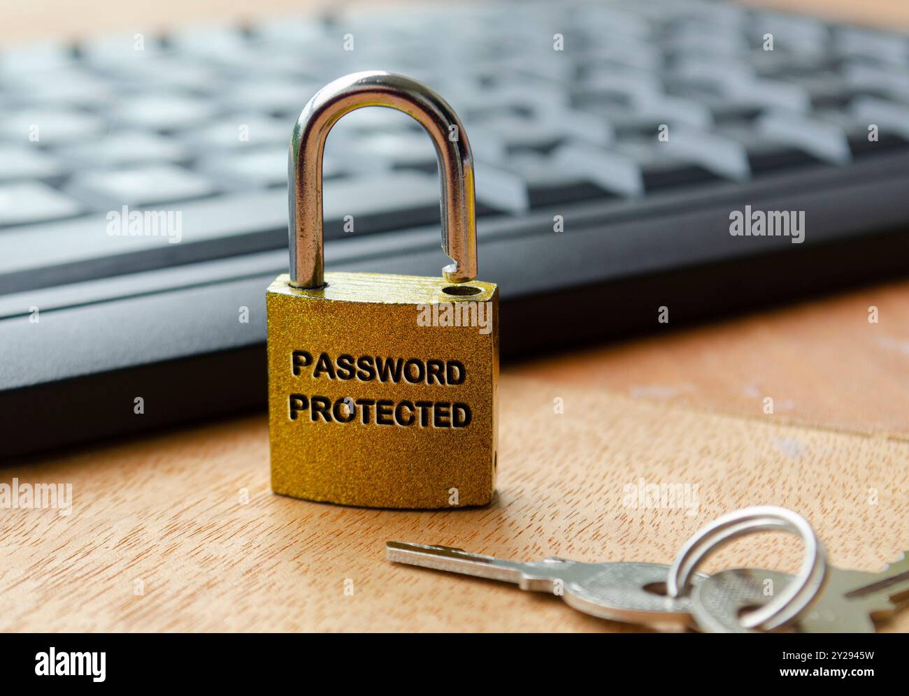 Password protected text engraved on padlock. Password security concept. Stock Photo
