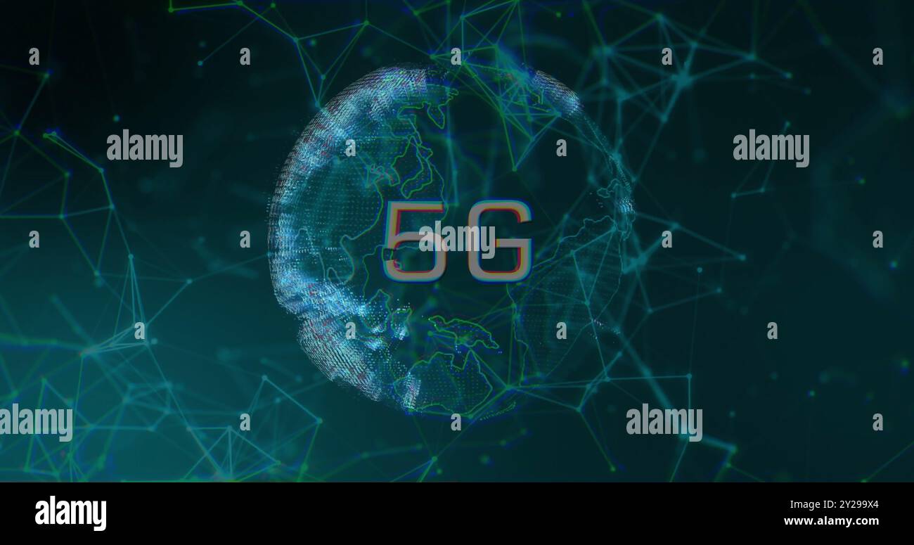 Image of 5g text, connections and data processing over globe Stock Photo