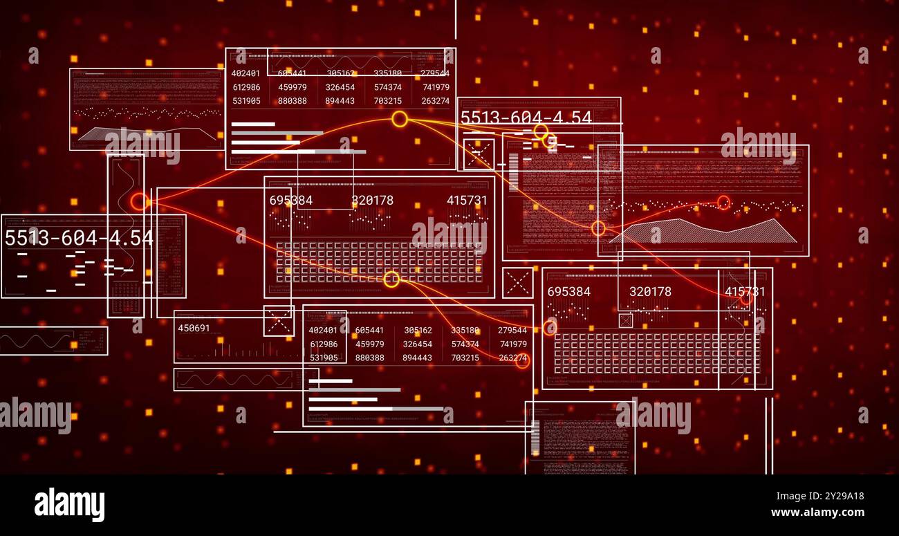 Image of digital data processing and network of connections over black ...