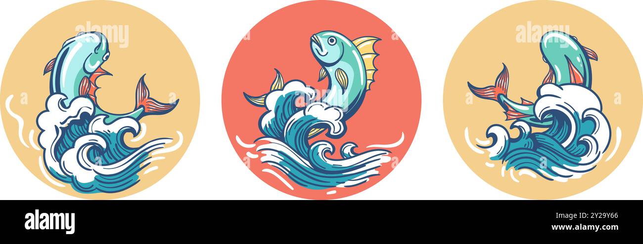 Jumping fish retro label set Stock Vector