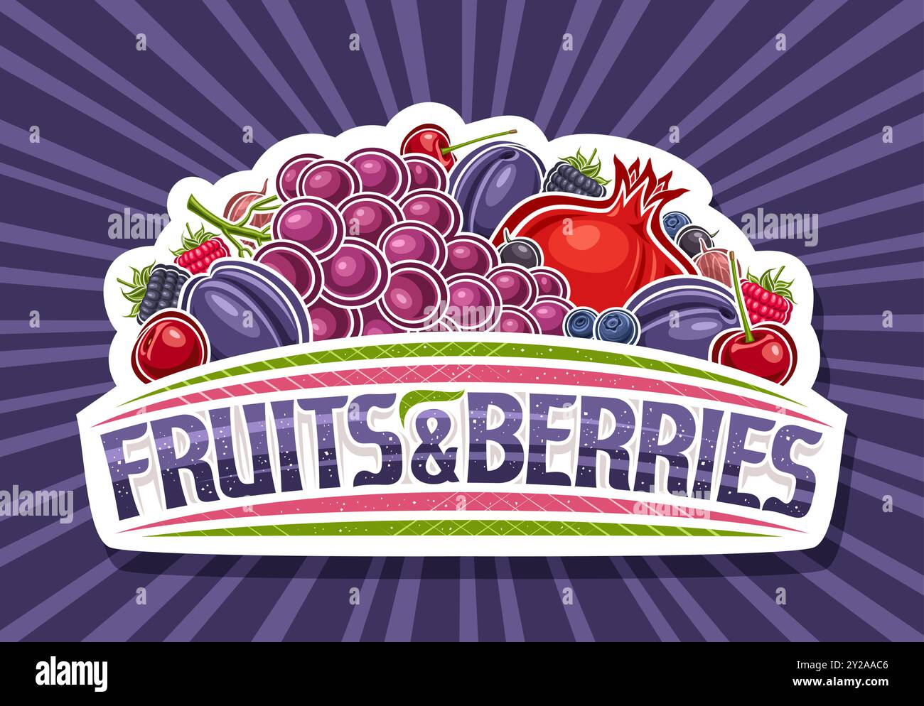 Vector logo for Fruits and Berries, cut paper tag with cartoon design red and purple juicy fruit composition, white decorative sign board with blue te Stock Vector