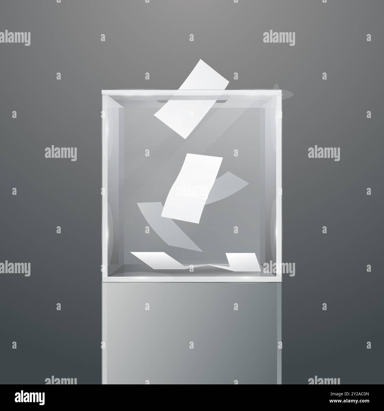 Glass ballot box on podium. Vector illustration. Voting white paper in hole. Transparent voting container with a falling ballot paper. Stock Vector