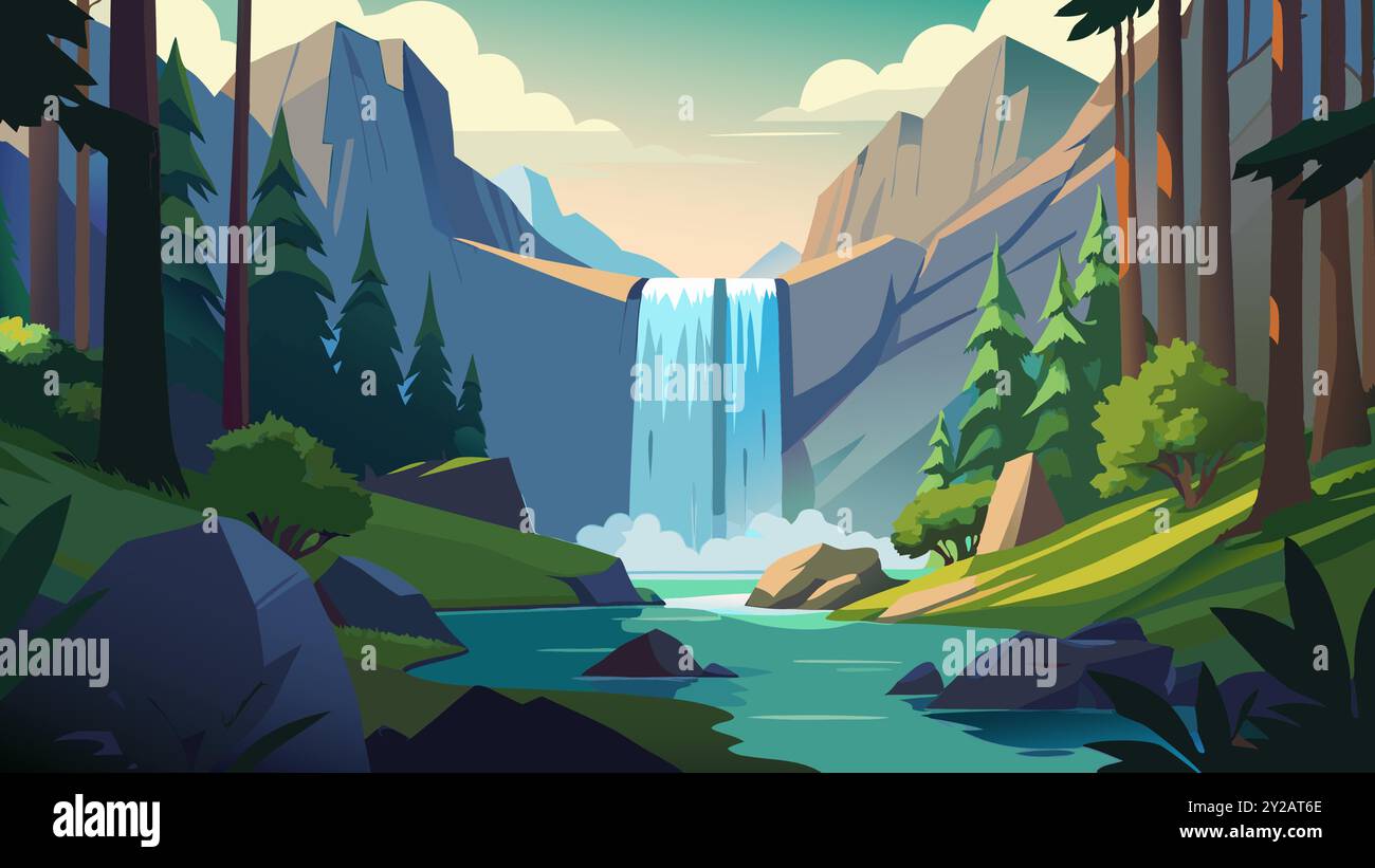 Beautiful Waterfall in the Jungle Background. Vector illustration of a ...