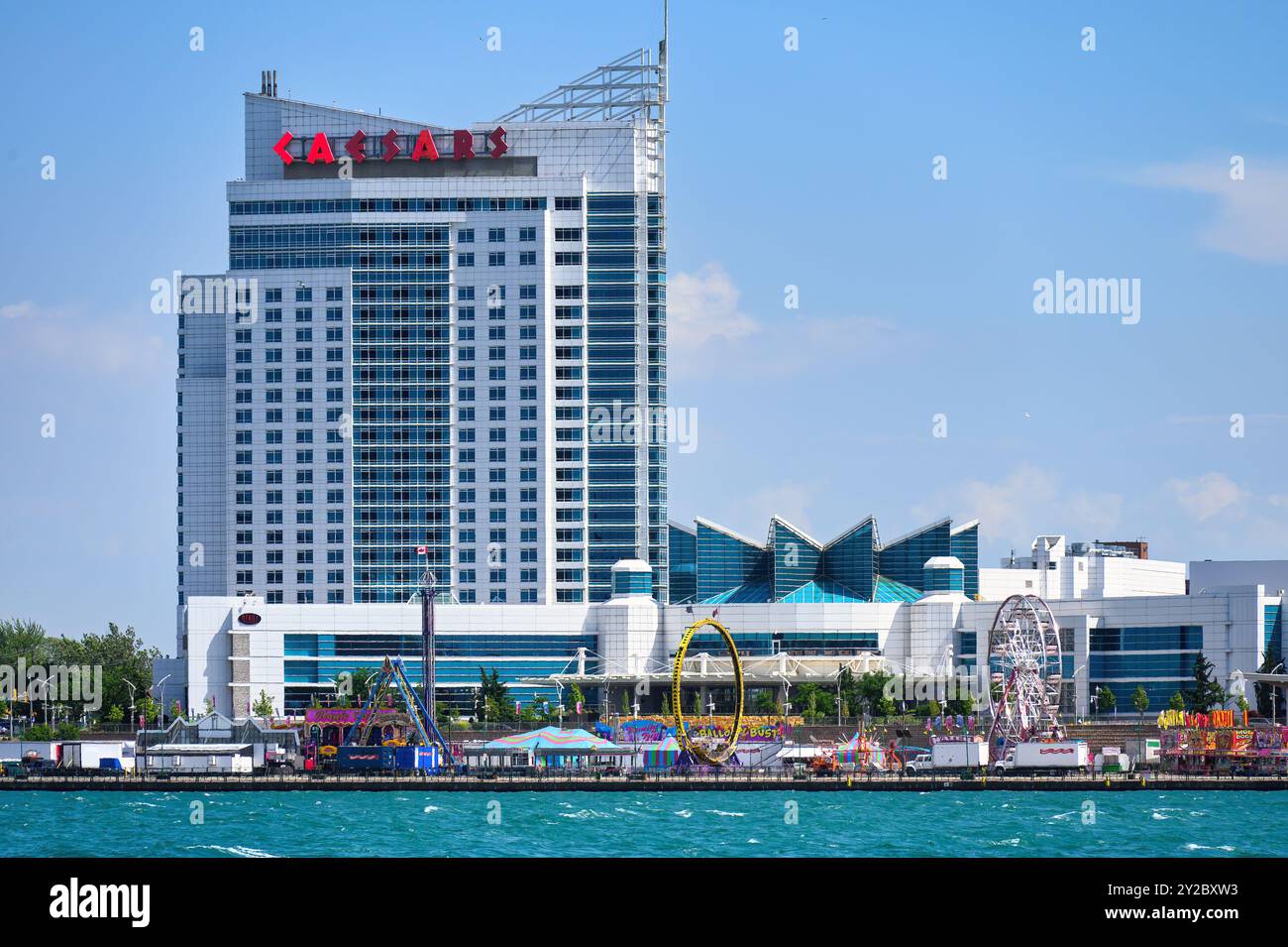 Exterior architecture of Caesars Casino and Hotel across the Detroit River. Stock Photo