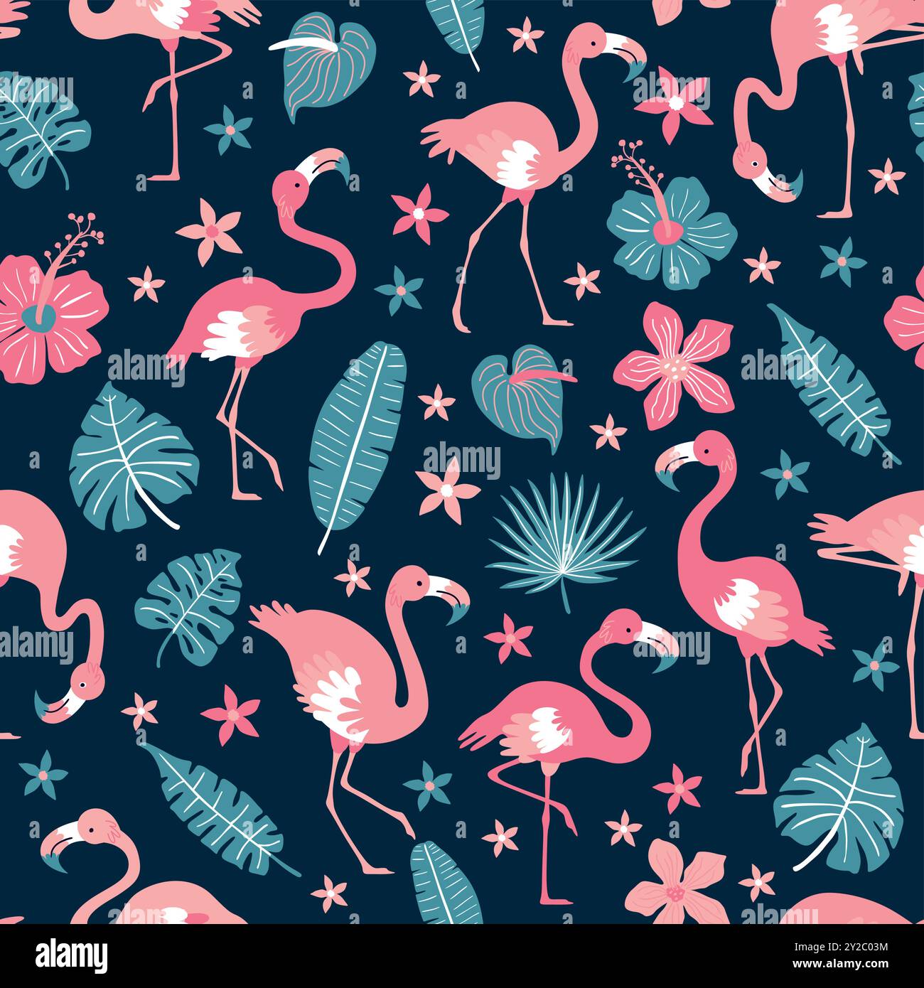 Pattern with pink flamingos and tropical leaves on blue background ...