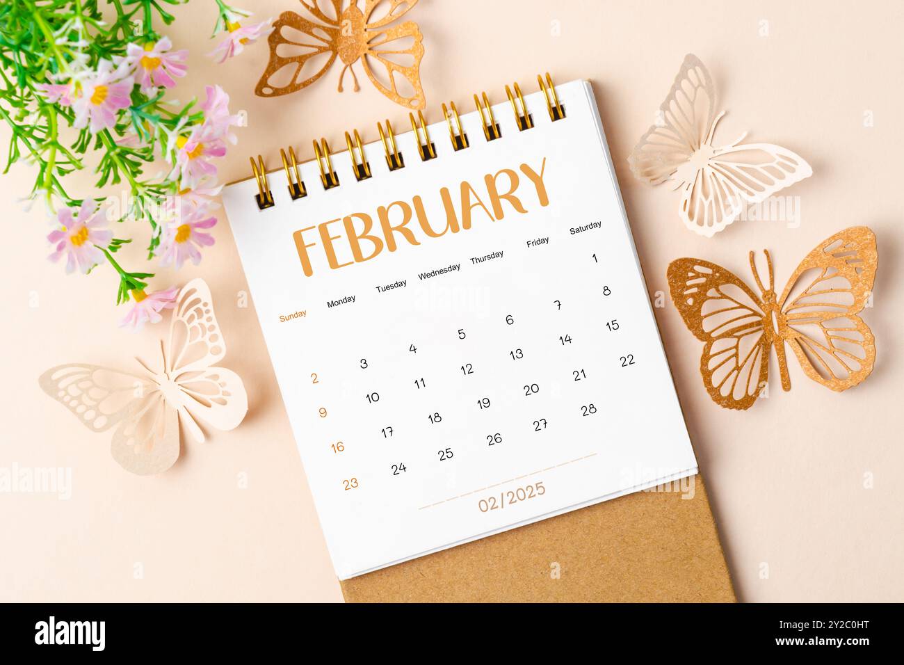 February 2025 desk calendar and paper butterfly with flower on ...