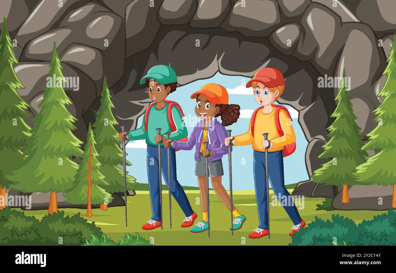Three kids hiking near a cave entrance Stock Vector Image & Art - Alamy