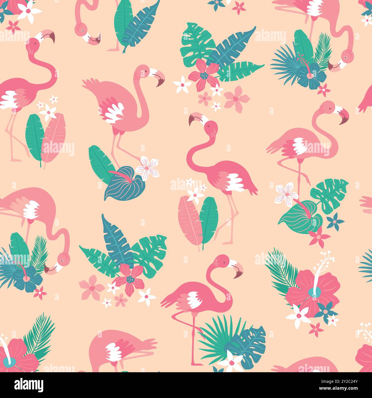 Pattern with pink flamingos and tropical leaves on pink background ...