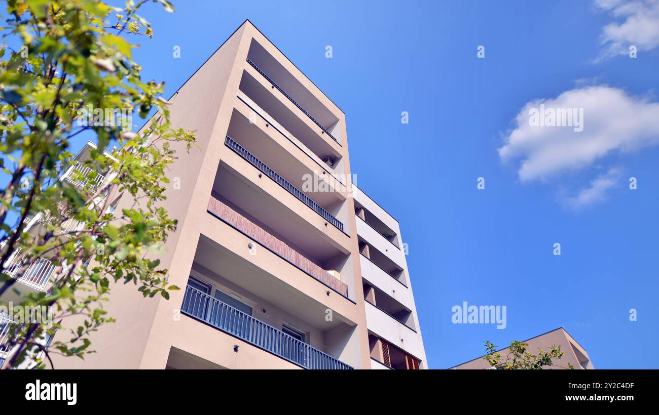 Eco apartment building saving energy and fresh air concept. European ...