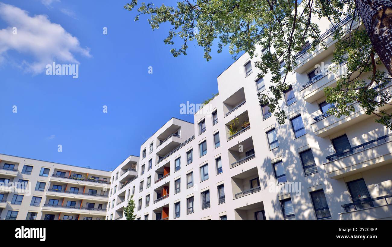 View of Eco apartment building saving energy and fresh air concept. European ...