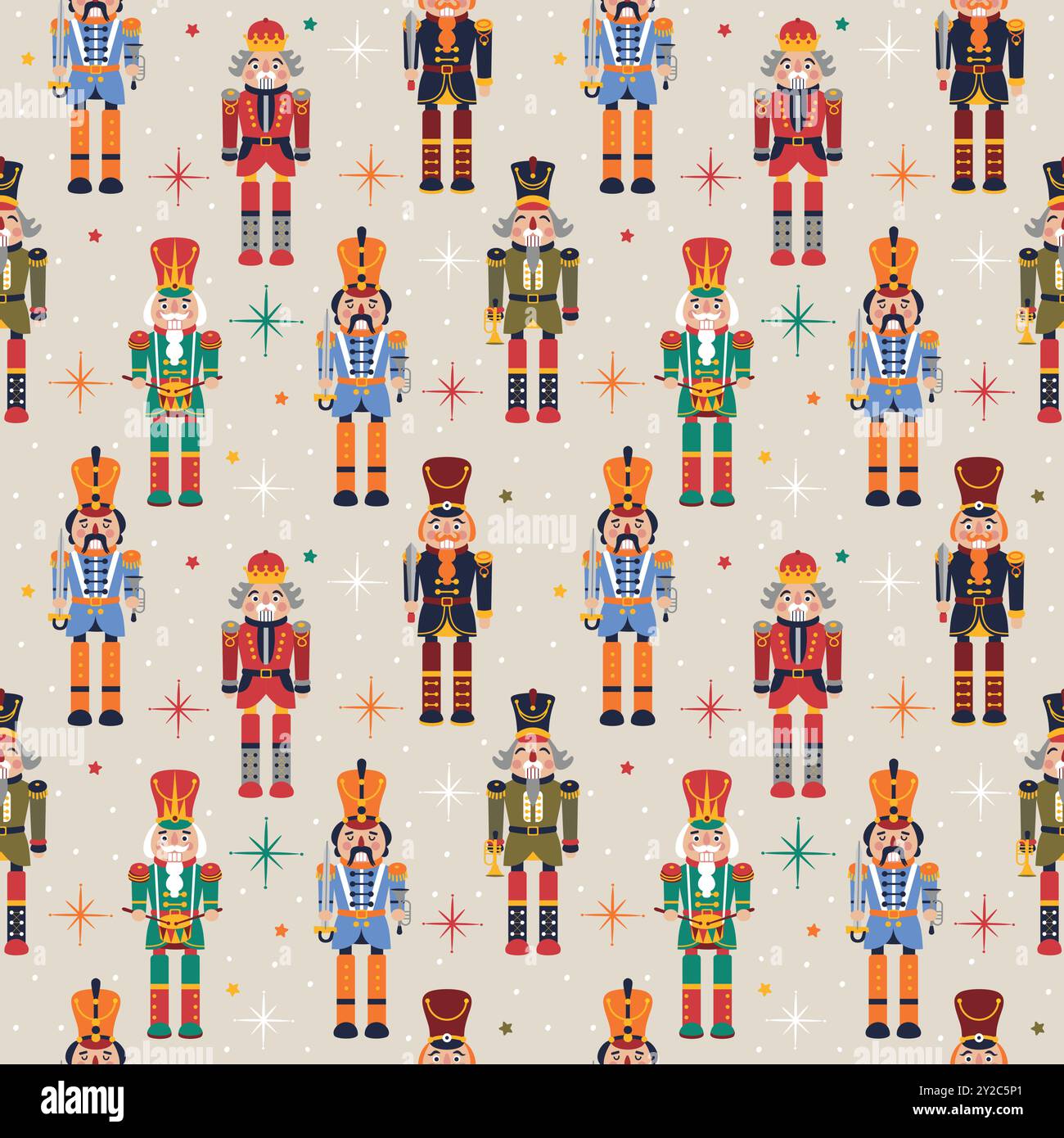 Seamless Christmas Pattern with Nutcrackers in Vector on beige. Stock Vector