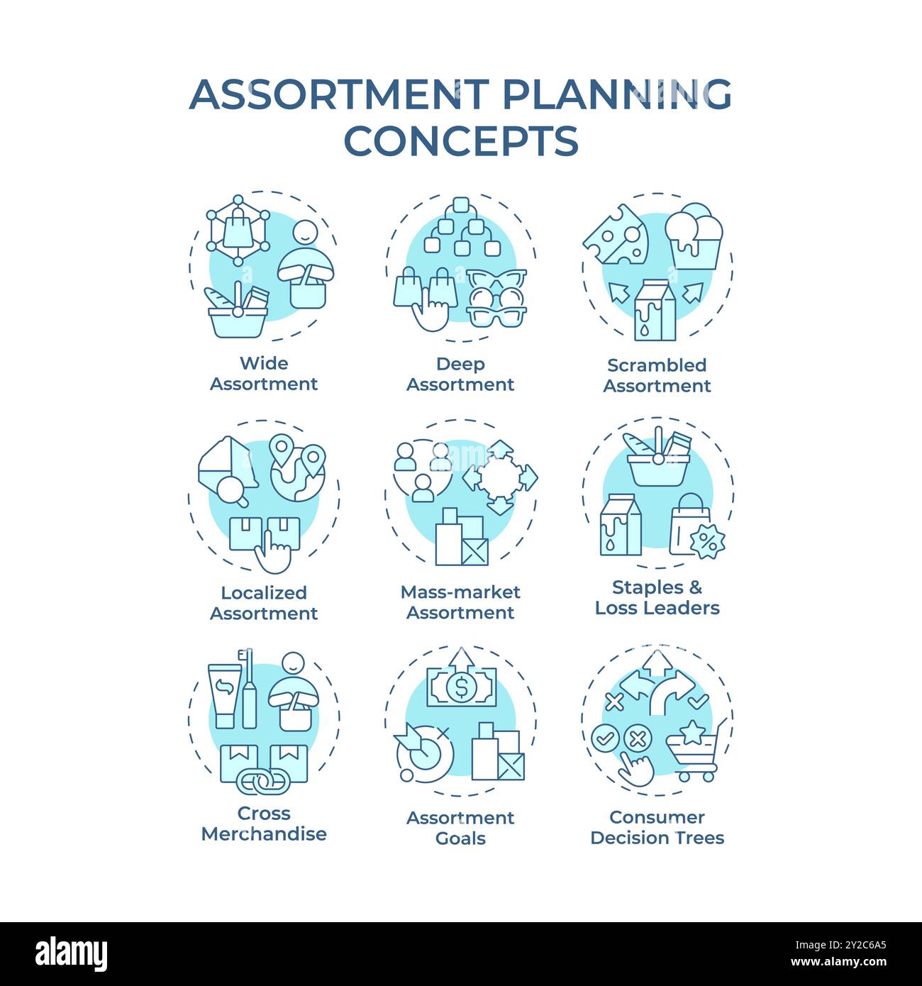 Assortment planning soft blue concept icons Stock Vector
