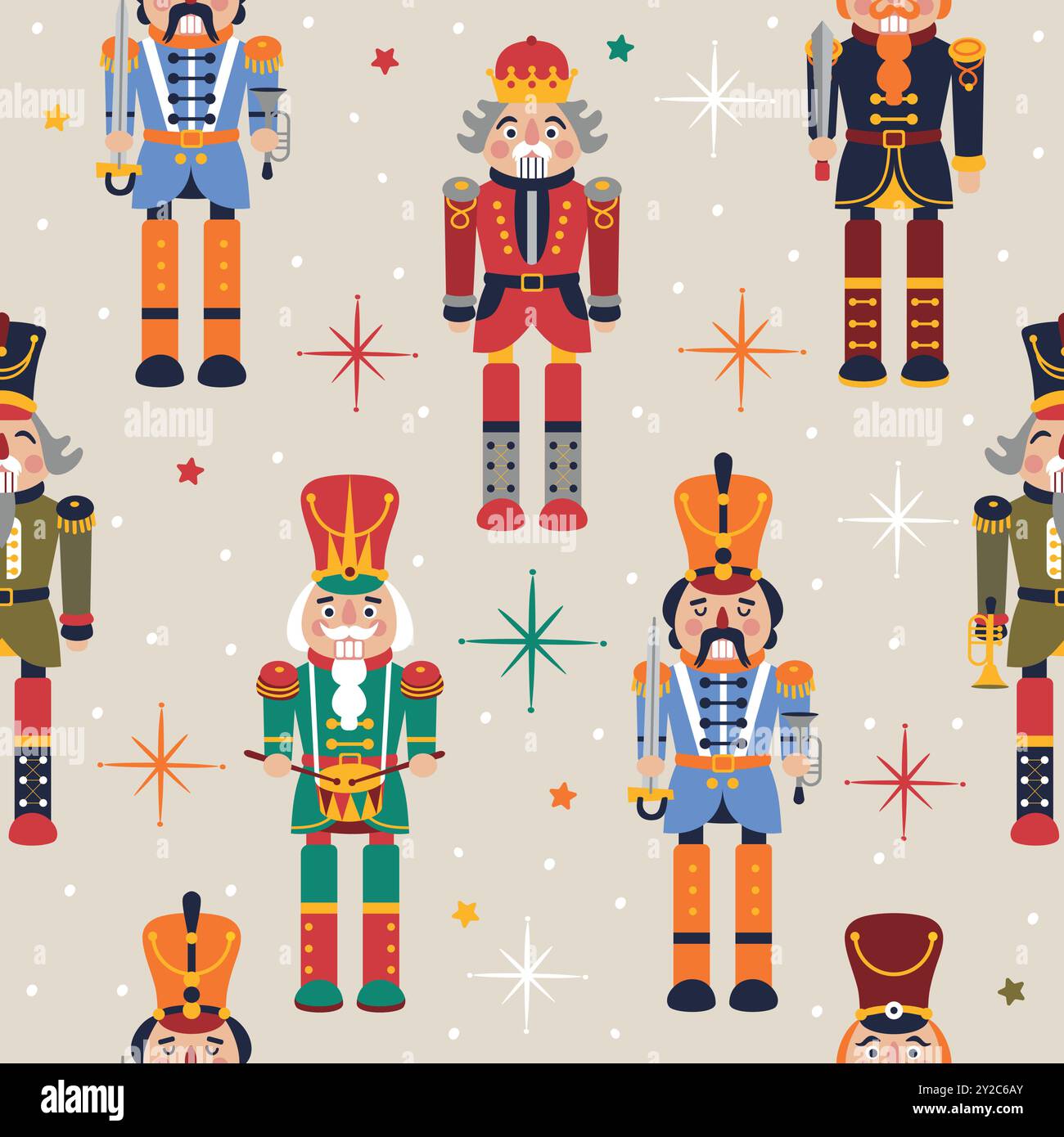 Seamless Christmas Pattern with Nutcrackers in Vector on beige. Stock Vector