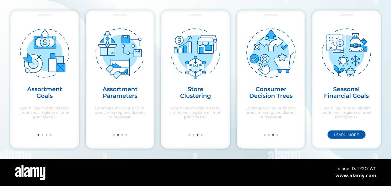 Assortment planning tools blue onboarding mobile app screen Stock Vector