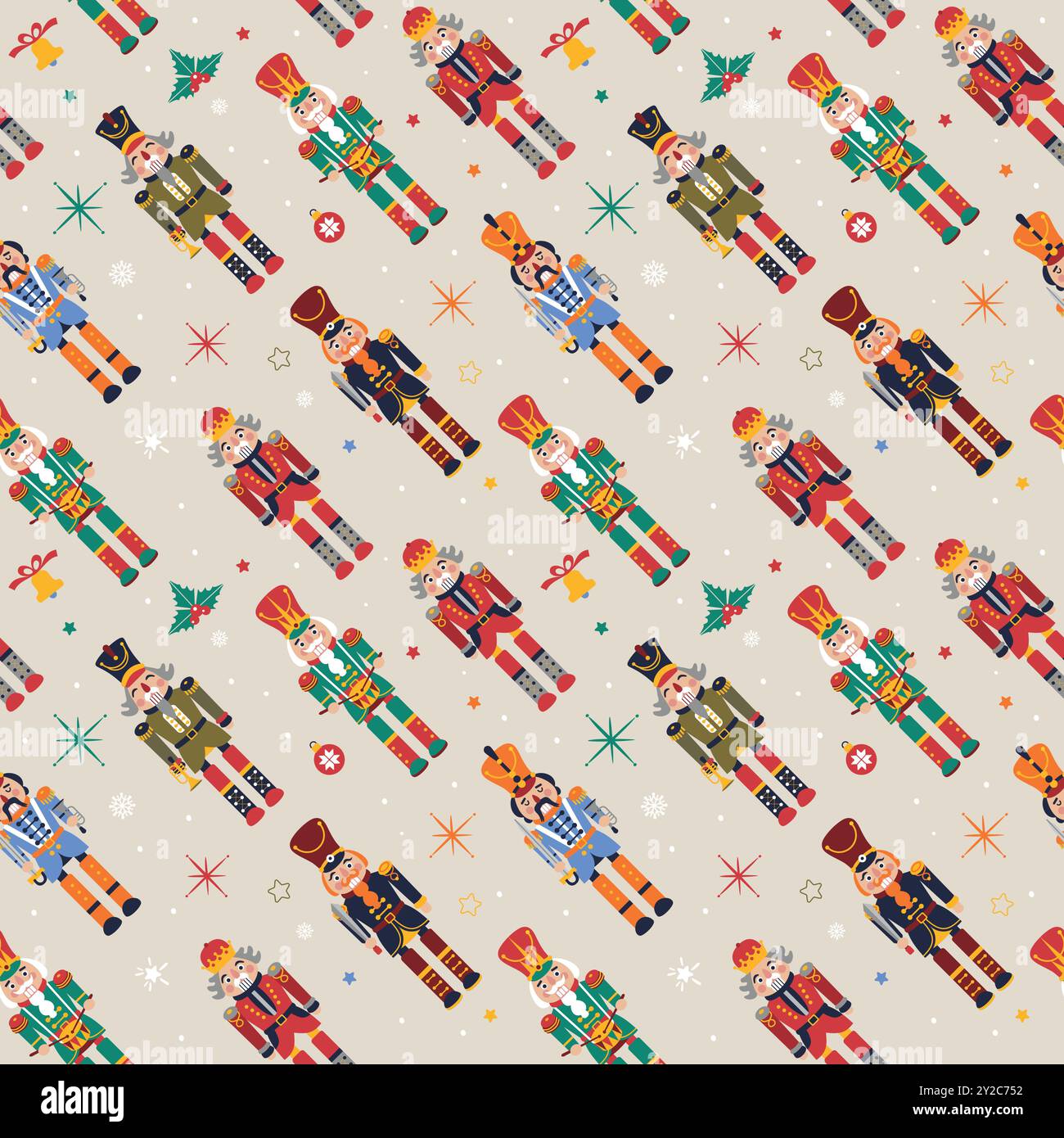 Seamless Christmas Pattern with Nutcrackers in Vector on beige. Stock Vector