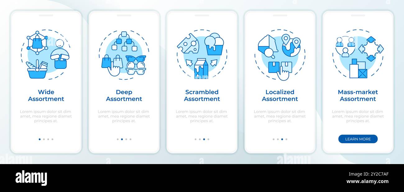 Assortment planning models blue onboarding mobile app screen Stock Vector