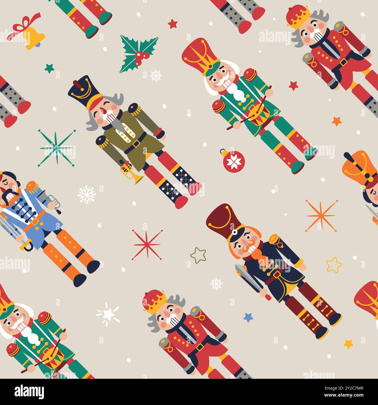 Seamless Christmas Pattern with Nutcrackers in Vector on beige. Stock Vector