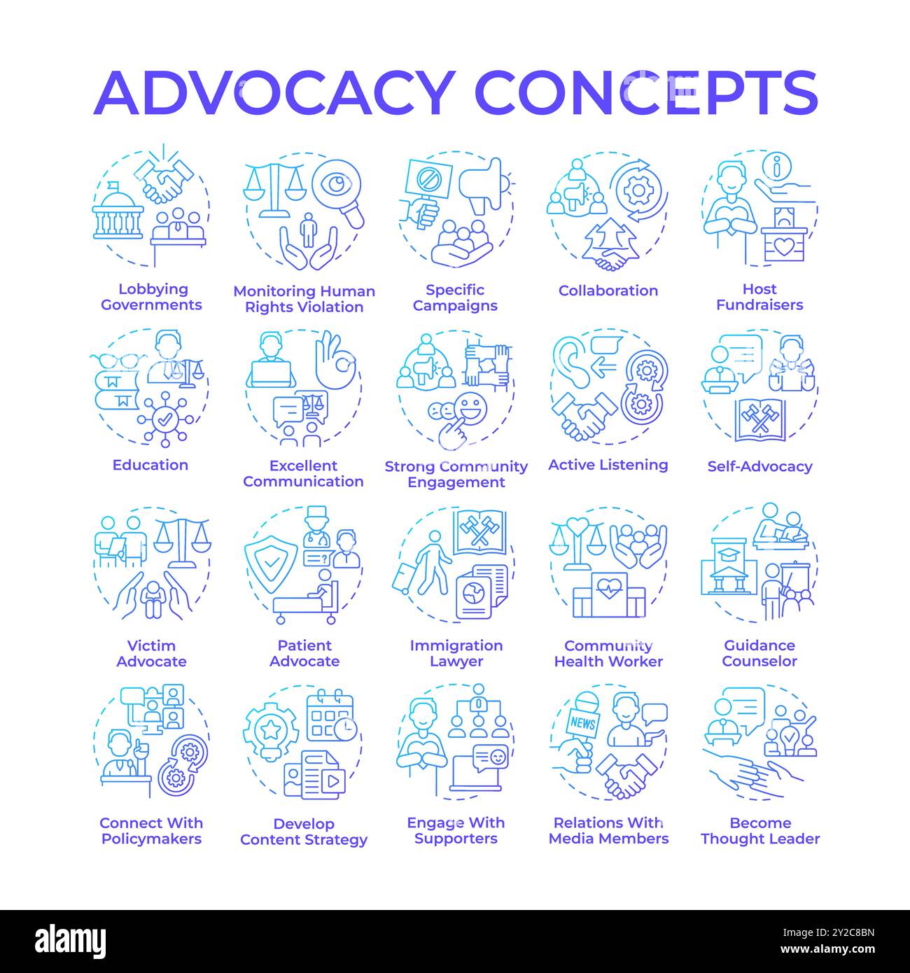 Advocacy blue gradient concept icons Stock Vector