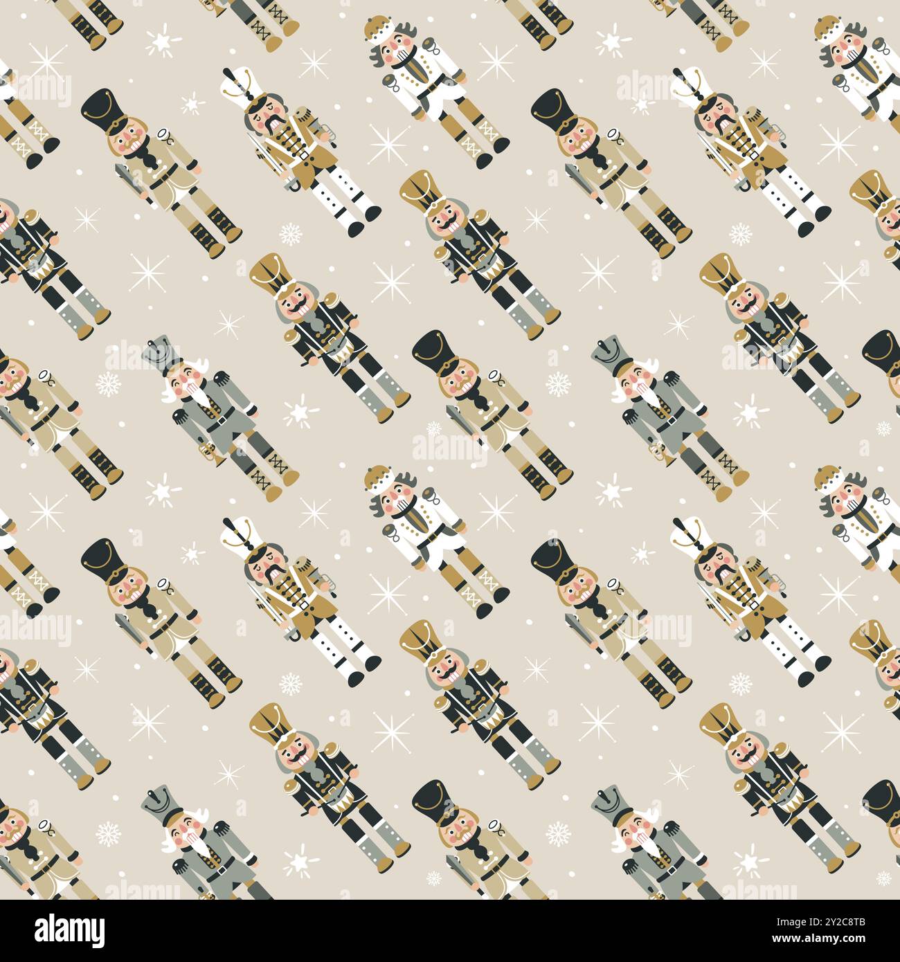 Seamless Christmas Pattern with Nutcrackers in Vector on beige. Stock Vector