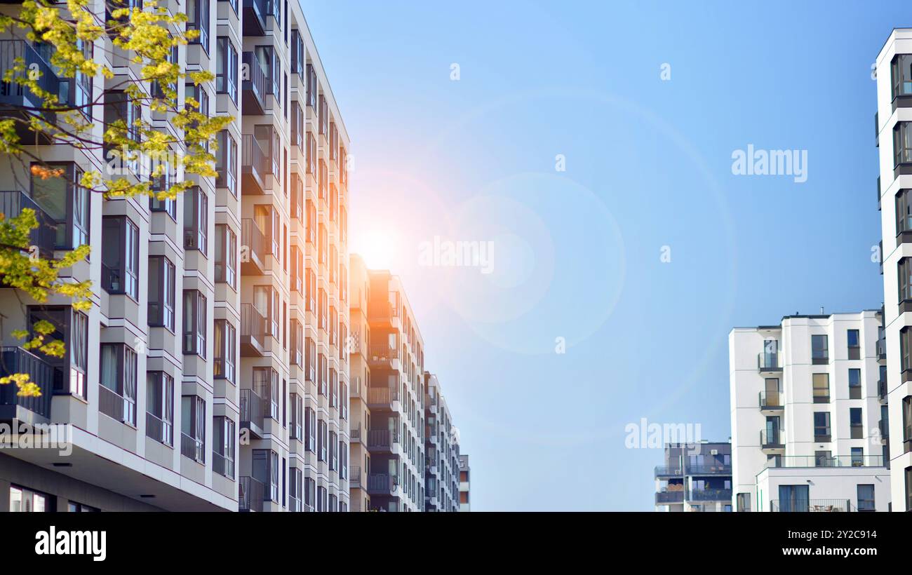 View of Eco apartment building saving energy and fresh air concept. European ...