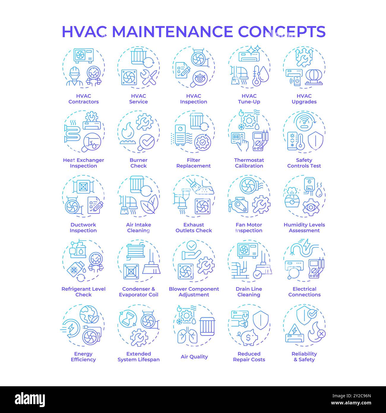 HVAC maintenance blue gradient concept icons Stock Vector