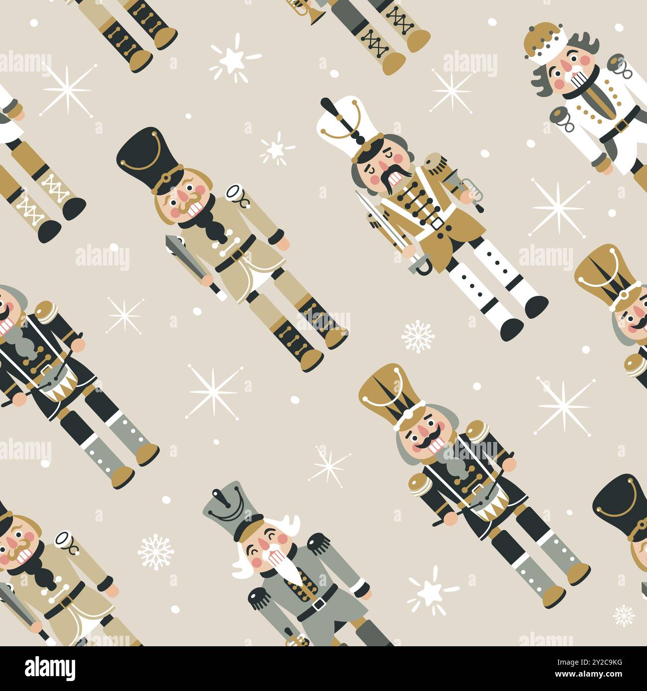 Seamless Christmas Pattern with Nutcrackers in Vector on beige. Stock Vector