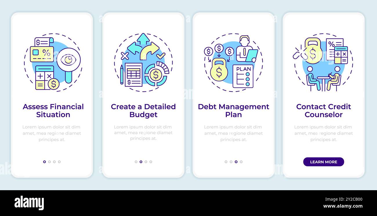 Debt restructuring process steps onboarding mobile app screen Stock Vector