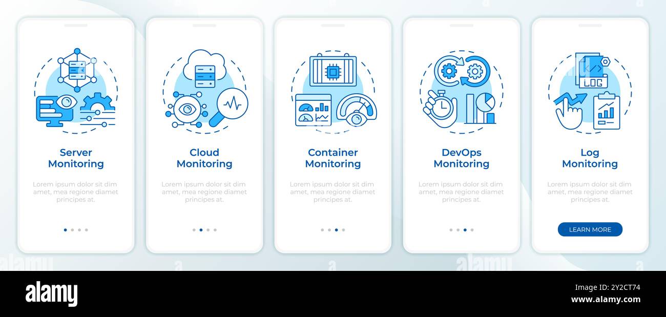 Monitoring performance blue onboarding mobile app screen Stock Vector