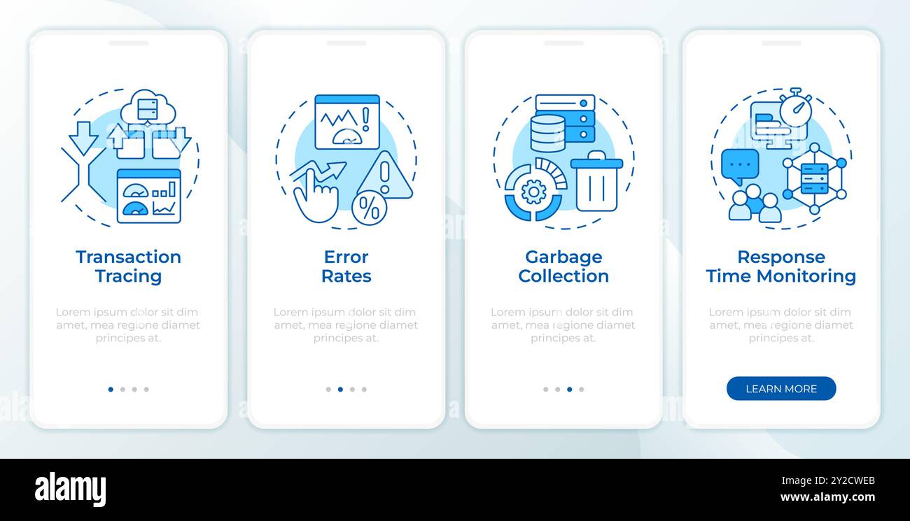 Application performance metrics blue onboarding mobile app screen Stock Vector