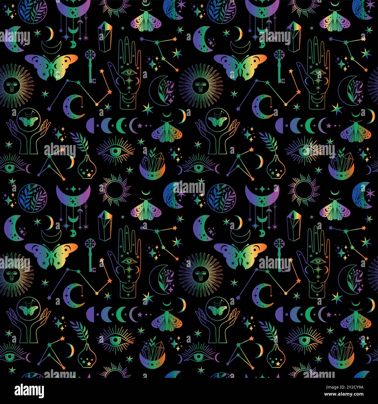 Seamless pattern Mystical moon icons phases and woman hands and moth ...