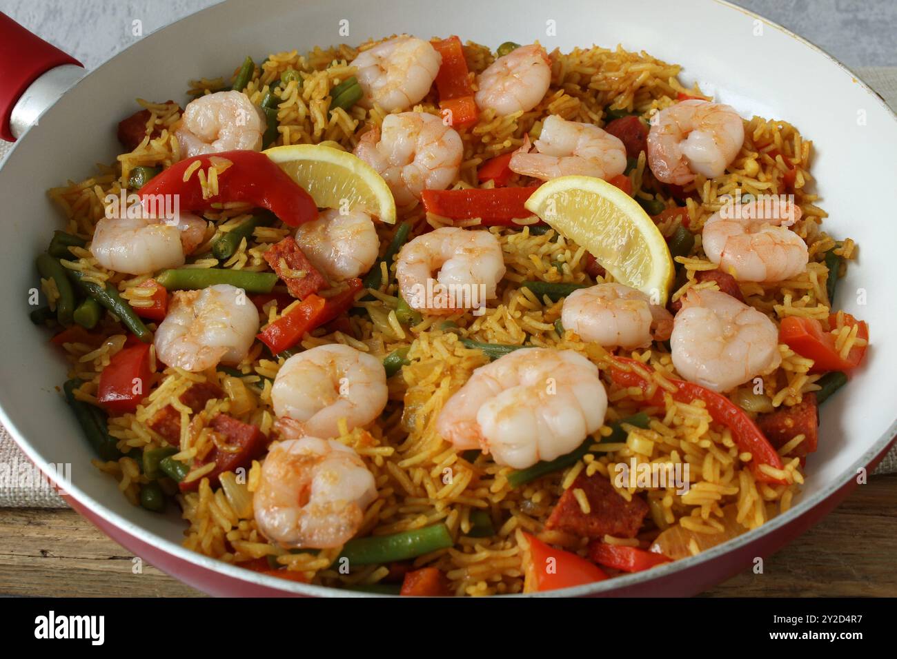 Traditional Paella with Chorizo and Shrimp Stock Photo