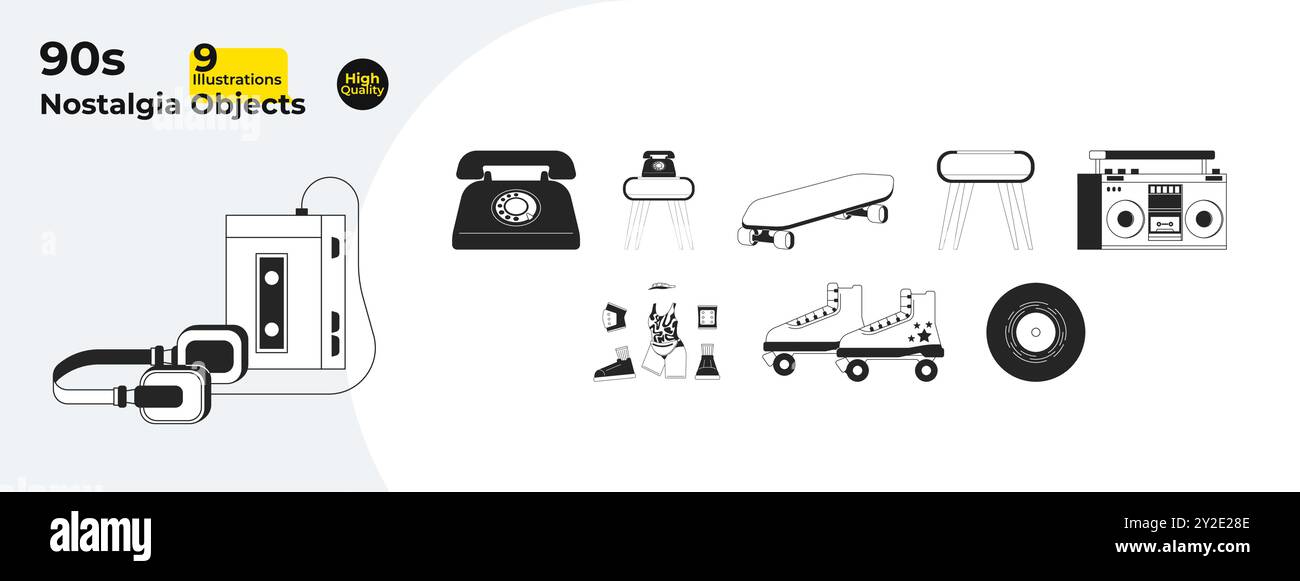 Nostalgia retro black and white 2D line cartoon objects bundle Stock Vector