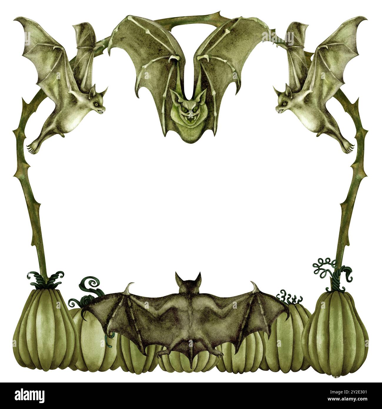 Green Halloween frame with pumpkins, thorny branches, attacking and flying bats. Monochrome watercolor illustration template for invitations, menus, a Stock Photo