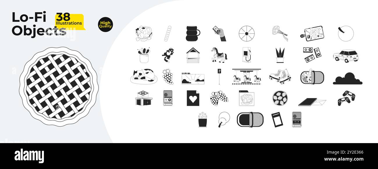 90s chillout black and white 2D line cartoon objects bundle Stock Vector