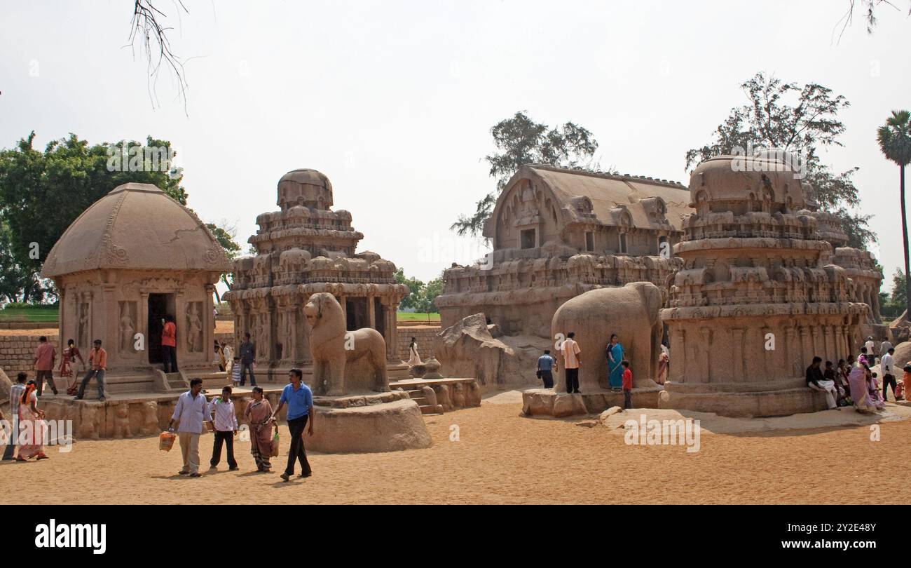 Indian visitors and tourists, Monolithic rock carvings, Pancha Ratha ...