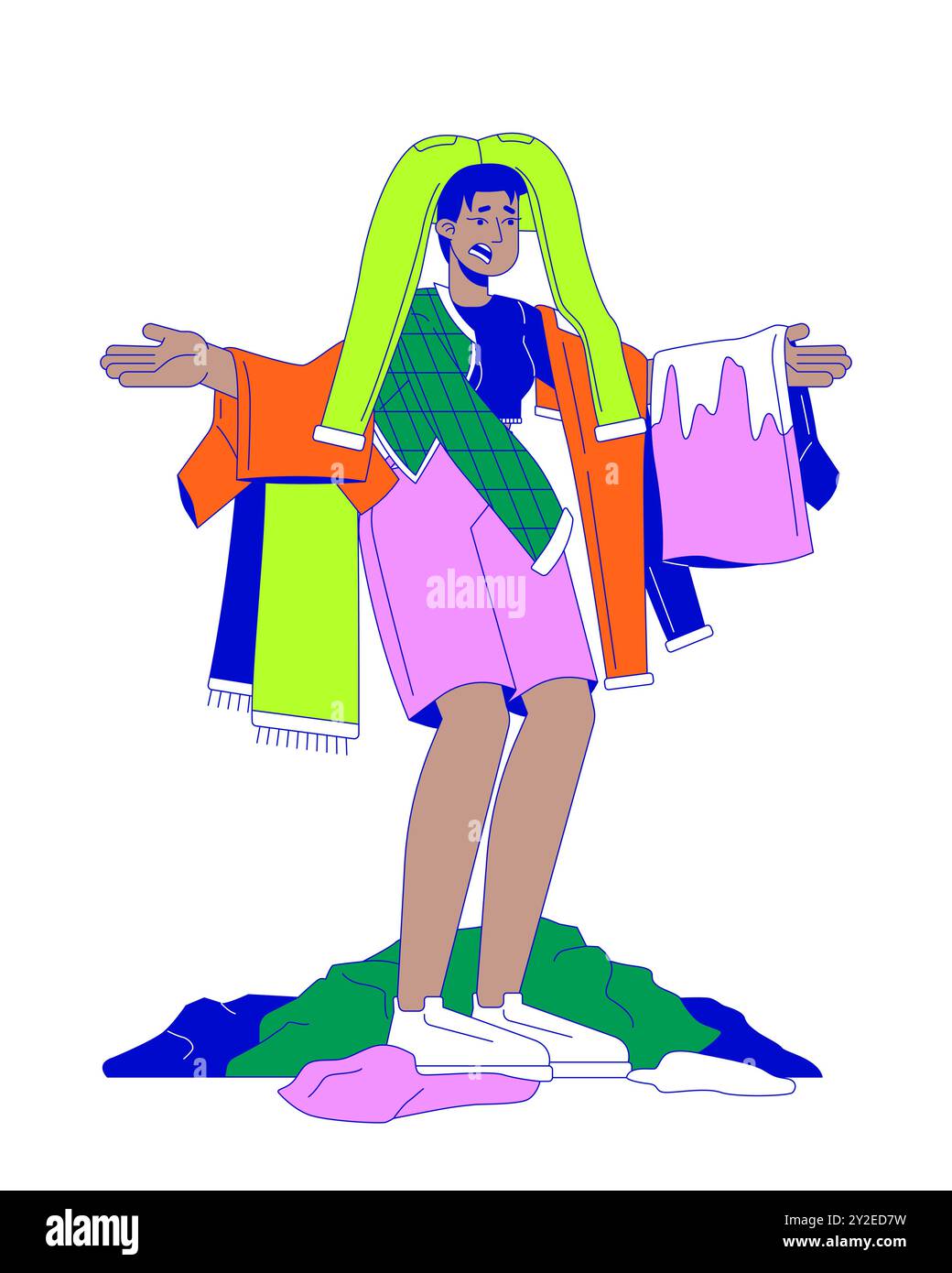 Scared black woman with clothes pile line cartoon flat illustration Stock Vector